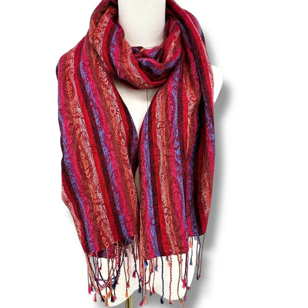 Pashmina silk blend tassel fringe wrap scarf shawl paisley wine red burnt orange